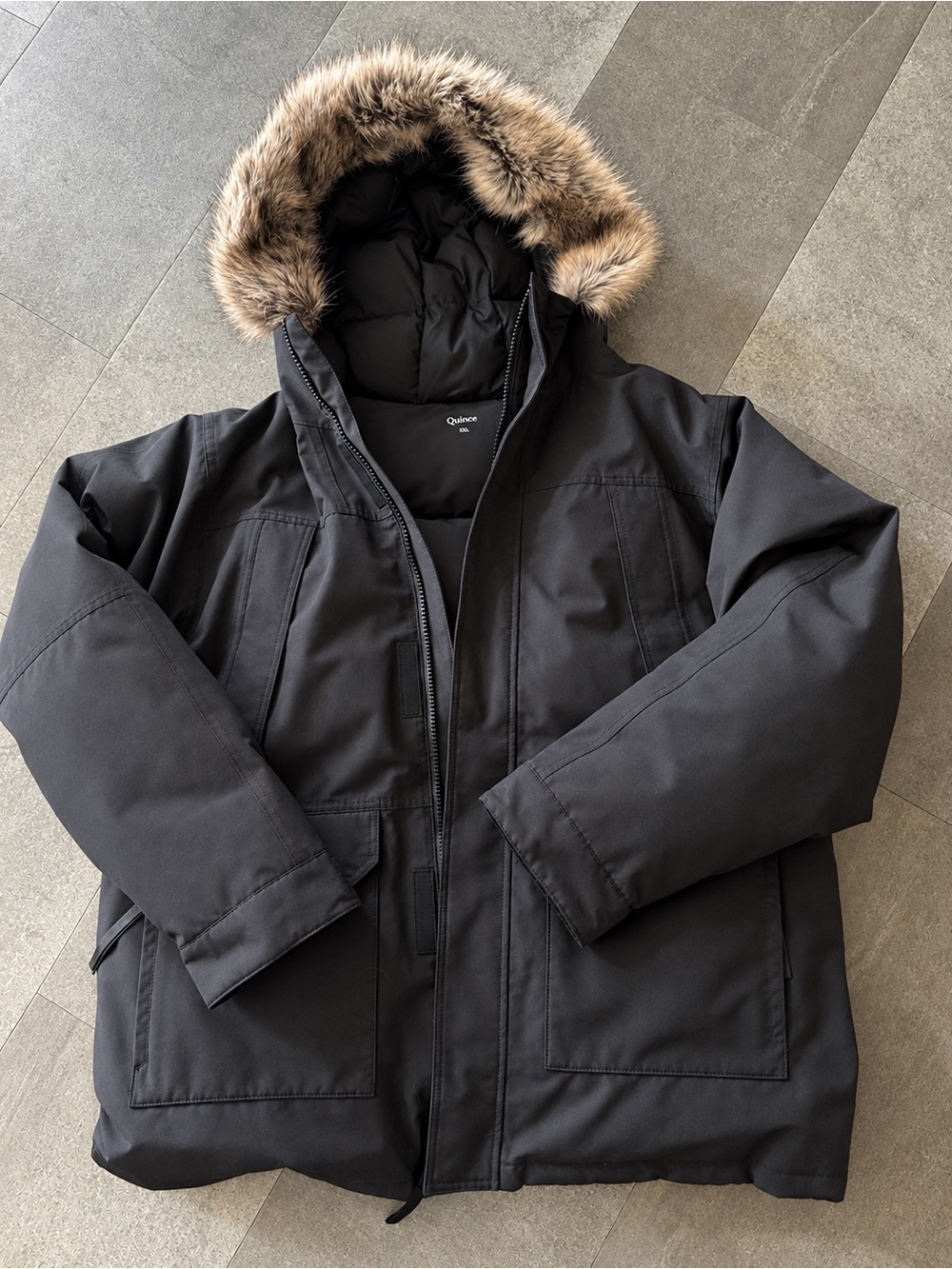 Quince Men’s Black Puffer Parka with Faux-Fur Trim Hood